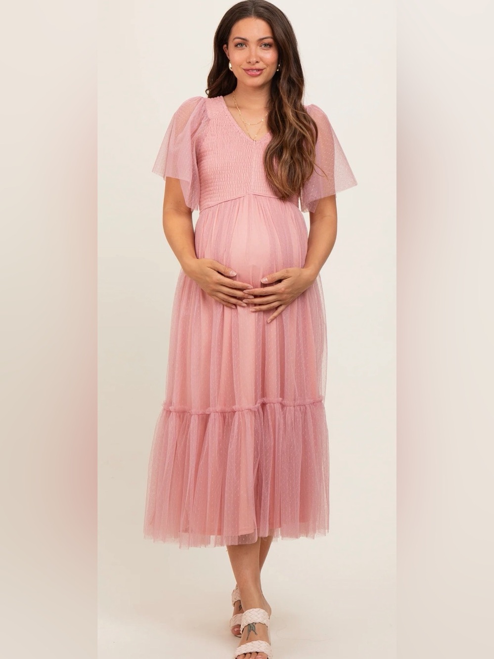 Dress Day Pink Mauve Dotted Tulle Smocked Maternity Midi Dress Women Size L